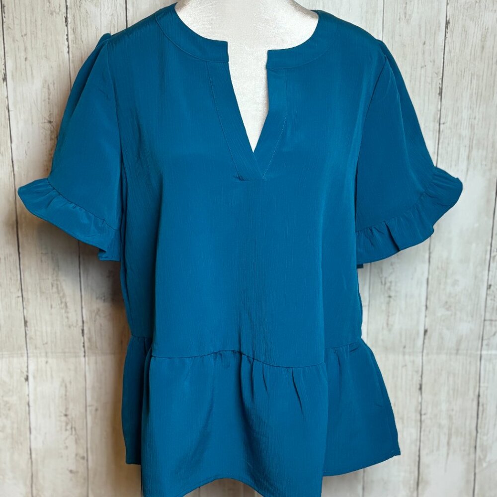Michael Kors Women's Short Ruffle Sleeve Cyan Blue V-Neck Blouse Size M *NWT